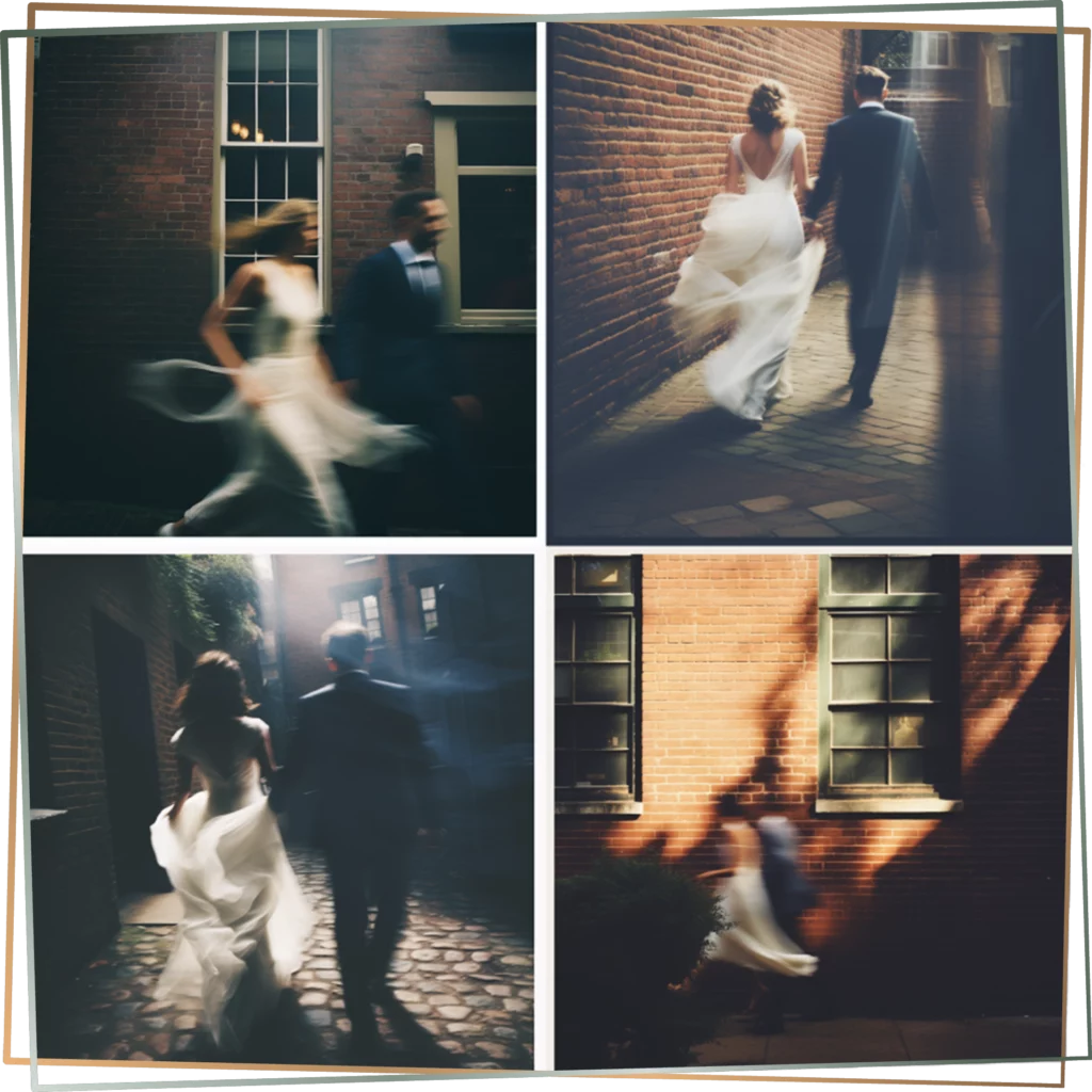 wedding photography of bride groom couple walking outside a brick building, shot on the style of an instax camera with film grain and noise, captured with a little bit of motion blur